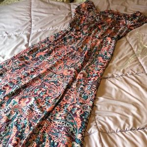 Pink and teal paisley off-the-shoulder dress